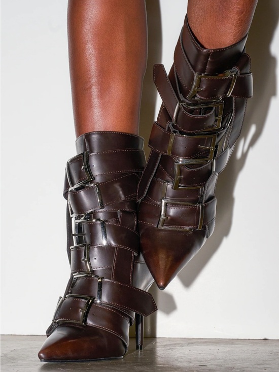 Azalea Wang Shoes - Azalea Wang Alcetas Chocolate Stilletto Bootie with Buckles 8.5